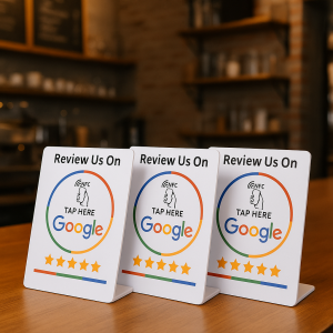 Review Us on Google” NFC tap review stands displayed on a wooden table in a coffee shop setting, each featuring a colorful Google logo, tap icon, and five-star graphic.