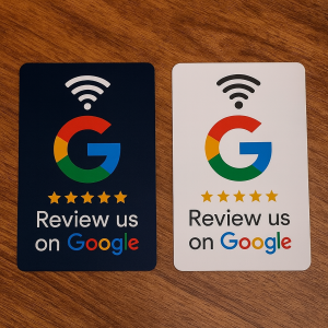 Two ‘Review us on Google’ NFC cards placed on a wooden surface — one with a black background and one with a white background. Each card features the Google ‘G’ logo, five gold stars, and a Wi-Fi symbol above the logo.”